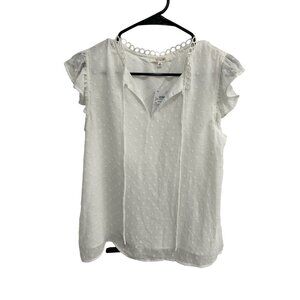 Sage & Citrus Swiss Dot Tie Neck Short Sleeve Blouse White Sz Medium Ruffle NWT